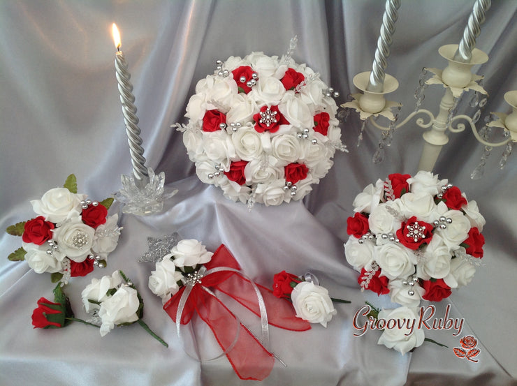 White & Red Rose With Crystal Snowflake Brooch