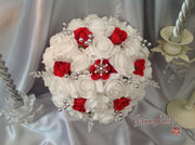 White & Red Rose With Crystal Snowflake Brooch