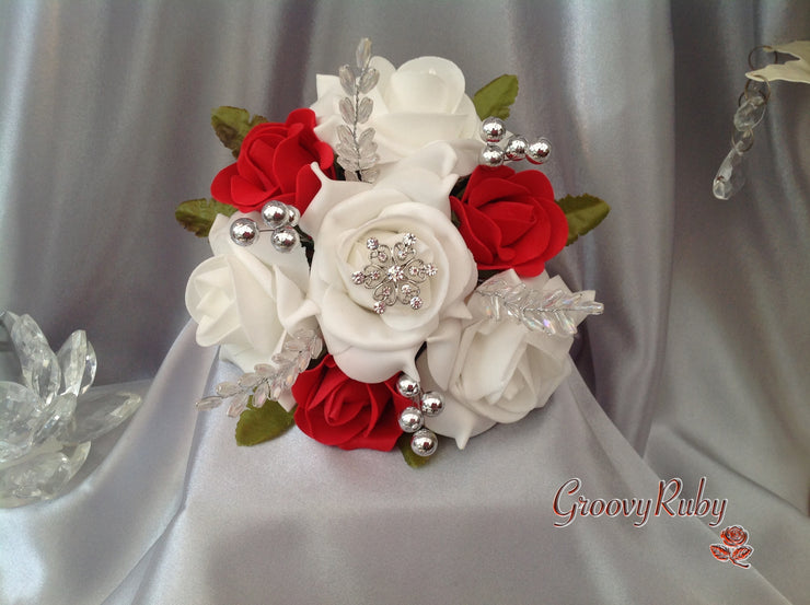 White & Red Rose With Crystal Snowflake Brooch