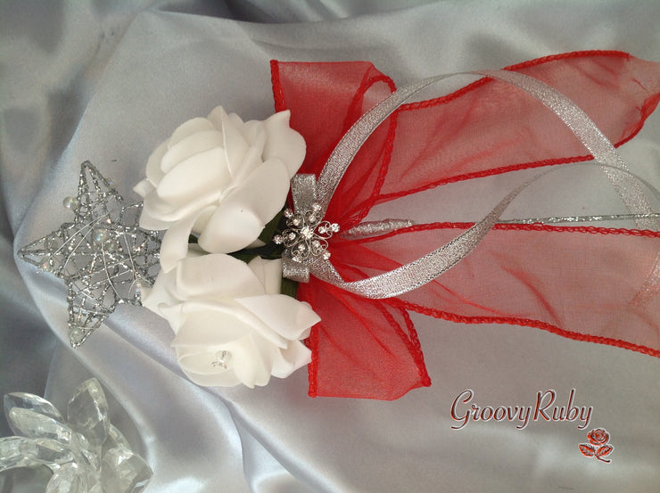 White & Red Rose With Crystal Snowflake Brooch