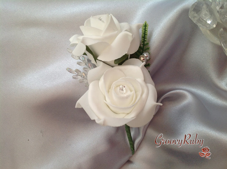 White & Red Rose With Crystal Snowflake Brooch