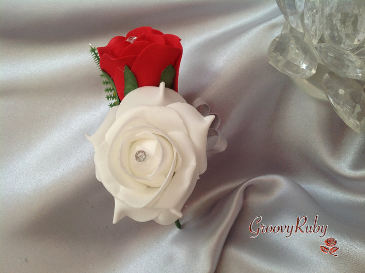 White & Red Rose With Crystal Snowflake Brooch