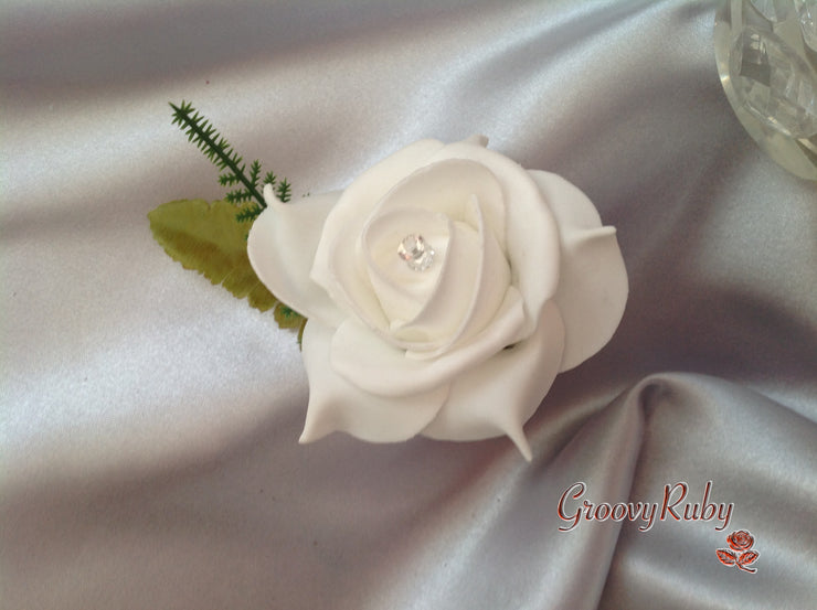 White & Red Rose With Crystal Snowflake Brooch