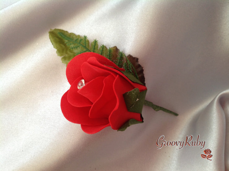 White & Red Rose With Crystal Snowflake Brooch