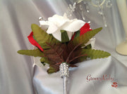 White & Red Rose With Crystal Snowflake Brooch