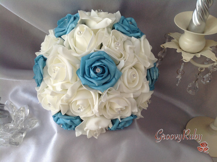 Turquoise Ivory Rose Crystal Bridesmaid Bouquet