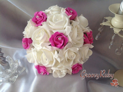 Ivory Hot Pink Rose Crystal Bridesmaid