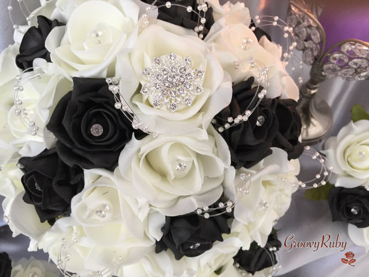 Black & Ivory Rose With Pearls & Brooch Crystal