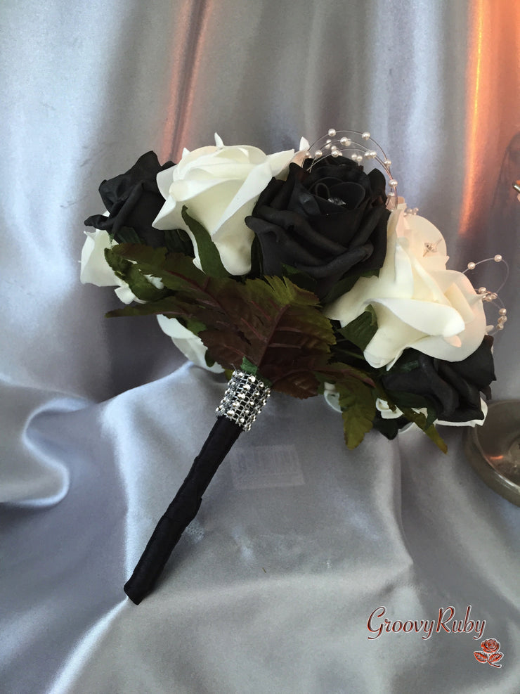 Black & Ivory Rose With Pearls & Brooch Crystal