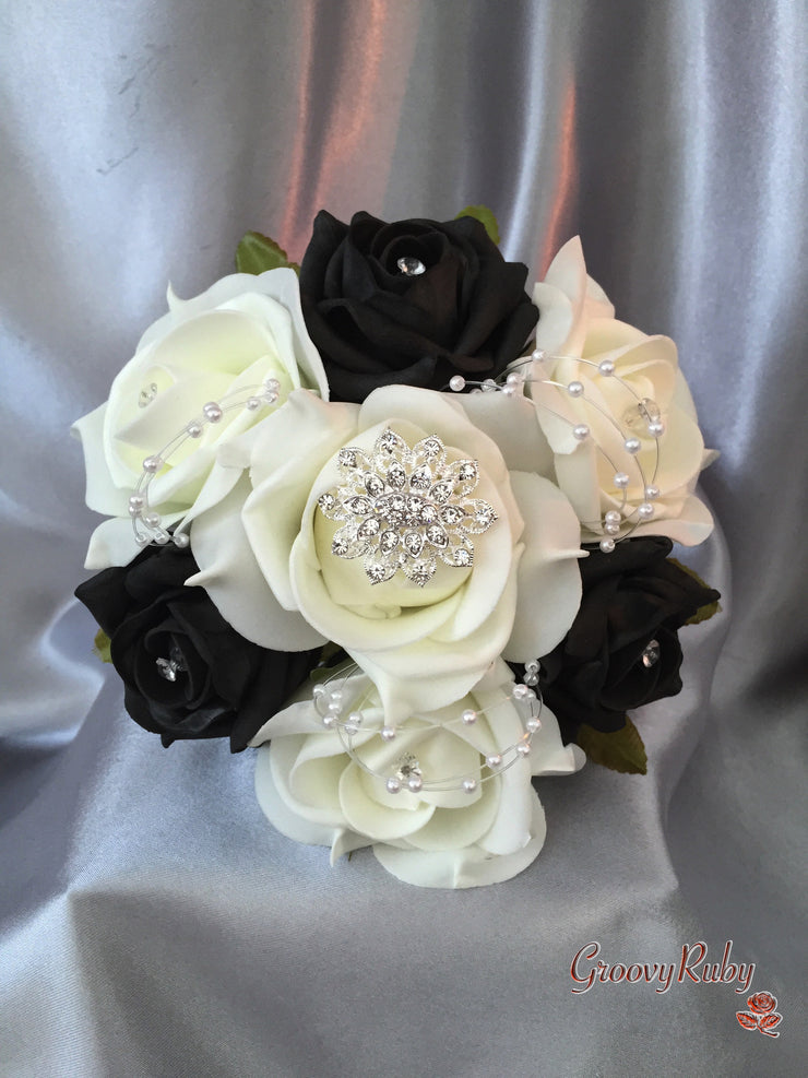 Black & Ivory Rose With Pearls & Brooch Crystal