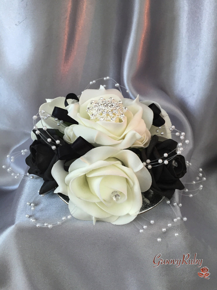 Black & Ivory Rose With Pearls & Brooch Crystal