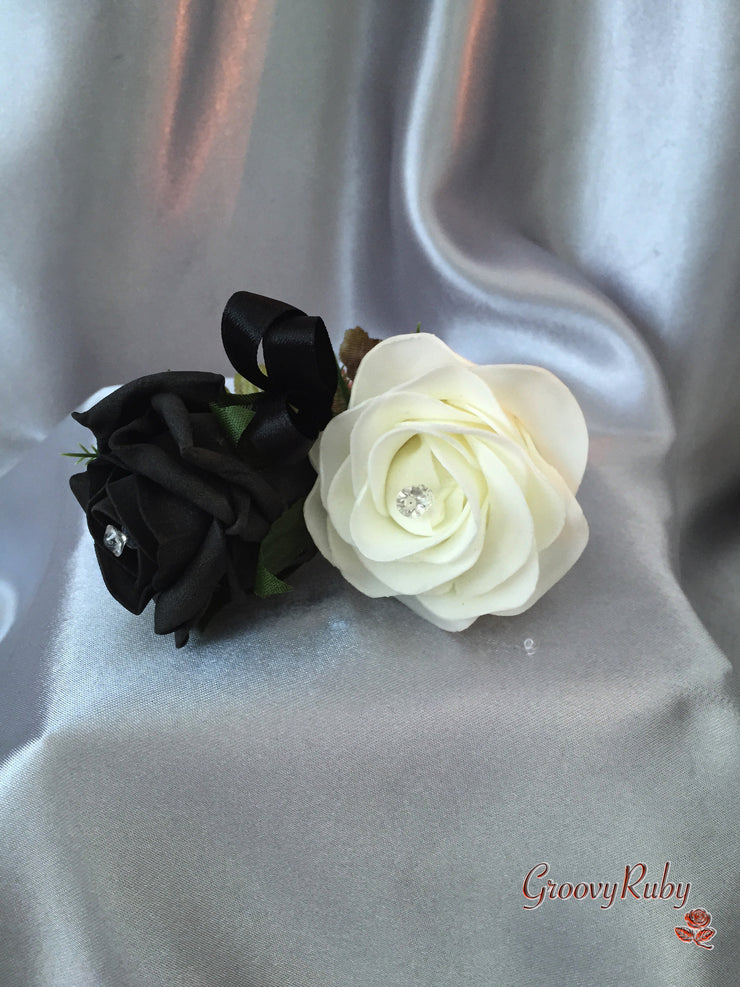 Black & Ivory Rose With Pearls & Brooch Crystal
