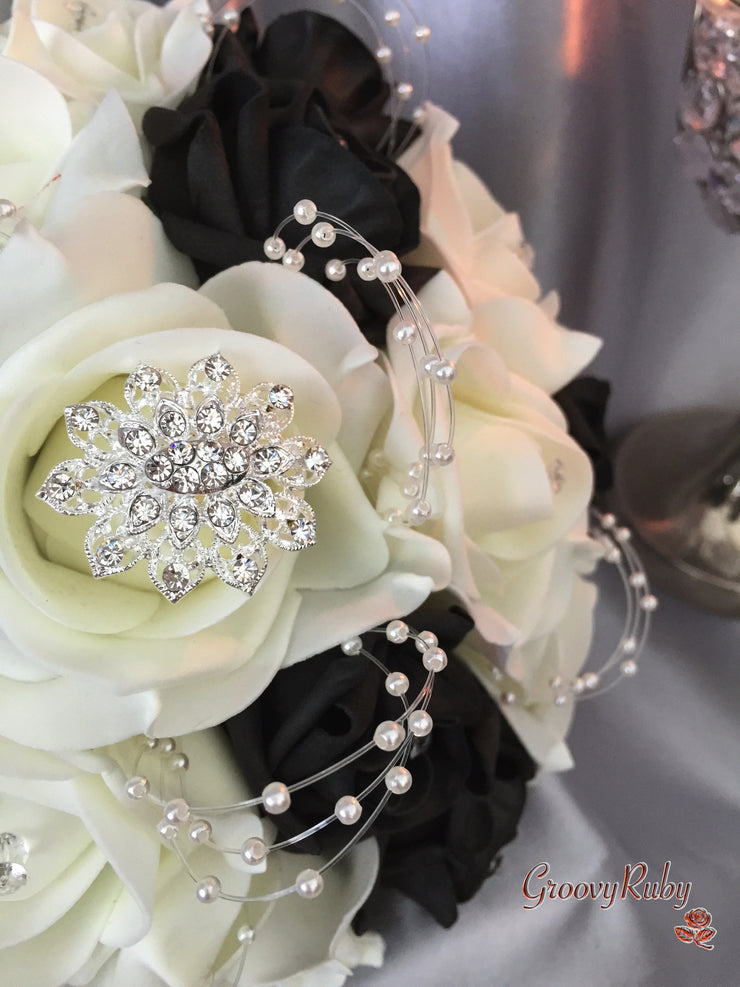 Black & Ivory Rose With Pearls & Brooch Crystal