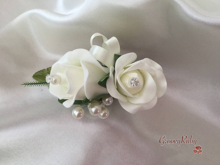 Ladies Pin On Corsage With Pearl Spray & Ribbon - Colour Combination Of your Choice