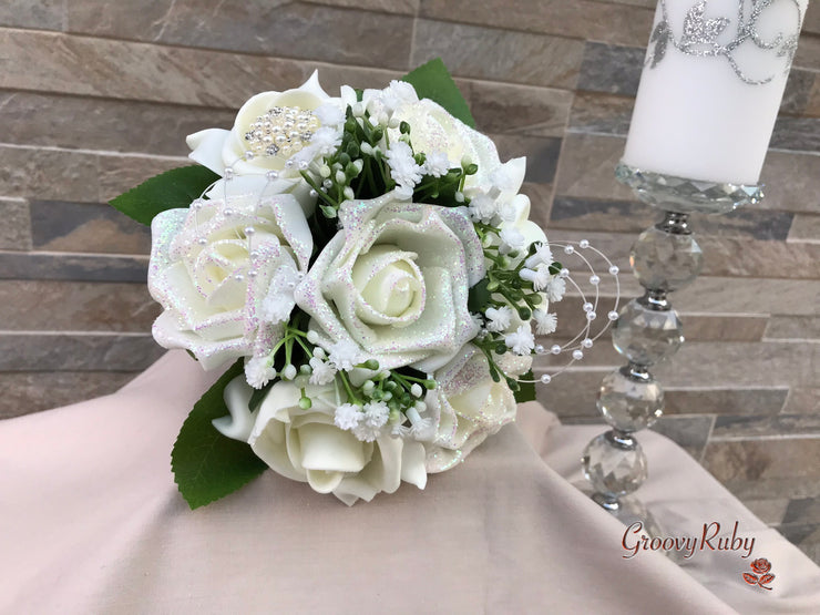 Ivory Glitter Roses With Pearls & Gypsophila