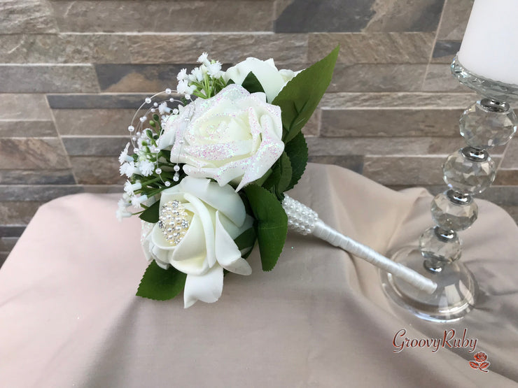 Ivory Glitter Roses With Pearls & Gypsophila