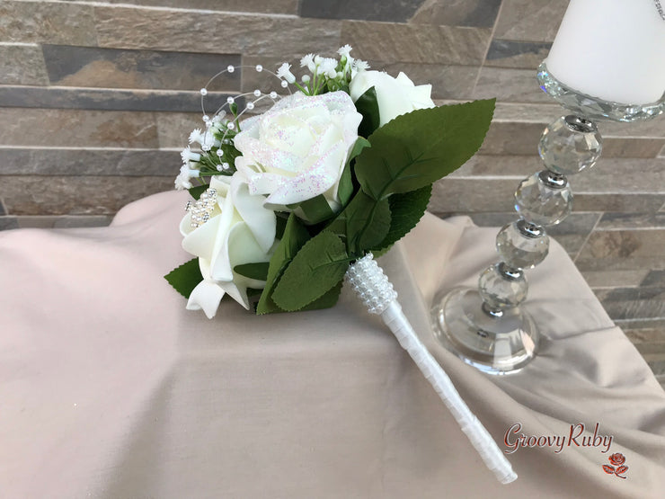 Ivory Glitter Roses With Pearls & Gypsophila