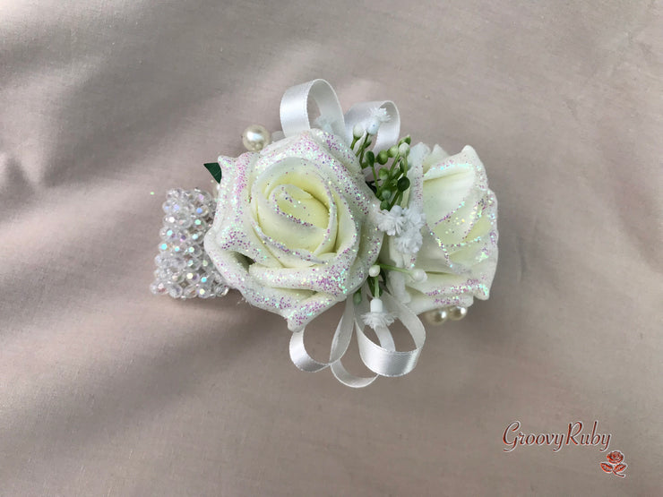 Ivory Glitter Roses With Pearls & Gypsophila