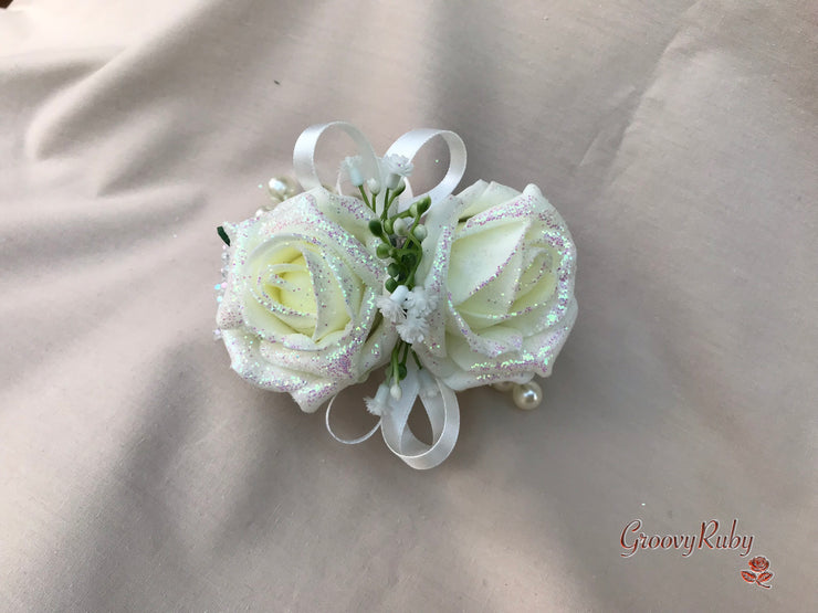 Ivory Glitter Roses With Pearls & Gypsophila