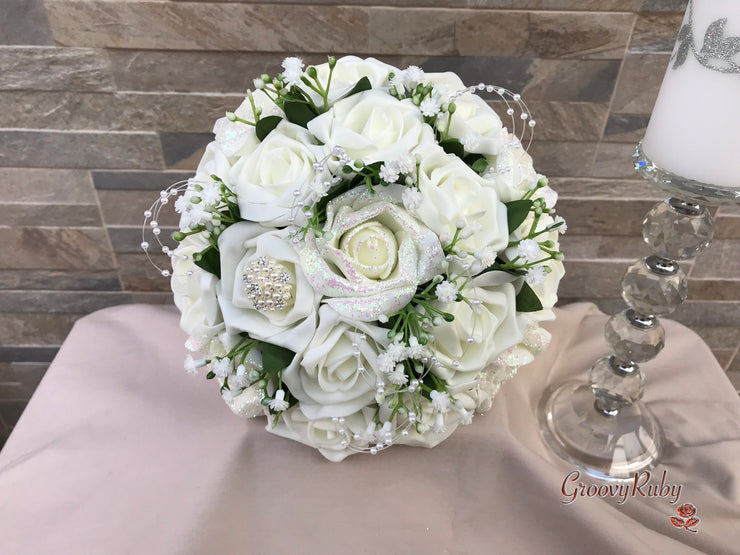 Ivory Glitter Roses With Pearls & Gypsophila