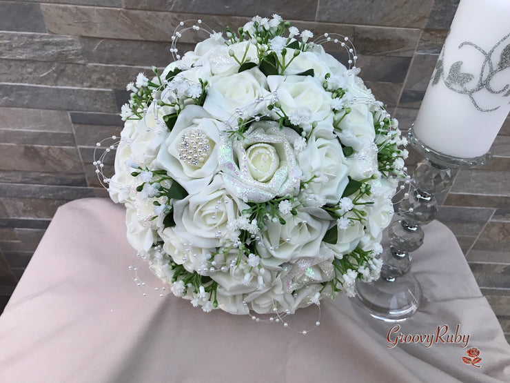 Ivory Glitter Roses With Pearls & Gypsophila