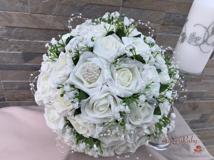 Ivory Glitter Roses With Pearls & Gypsophila
