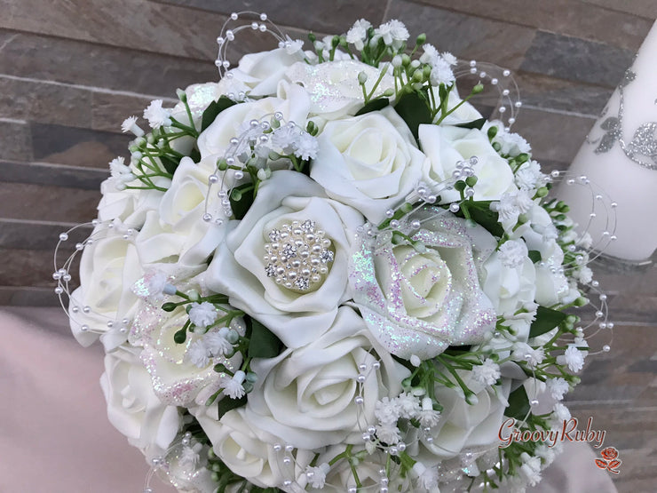 Ivory Glitter Roses With Pearls & Gypsophila