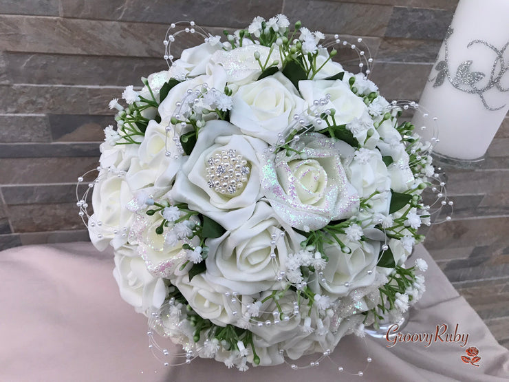 Ivory Glitter Roses With Pearls & Gypsophila