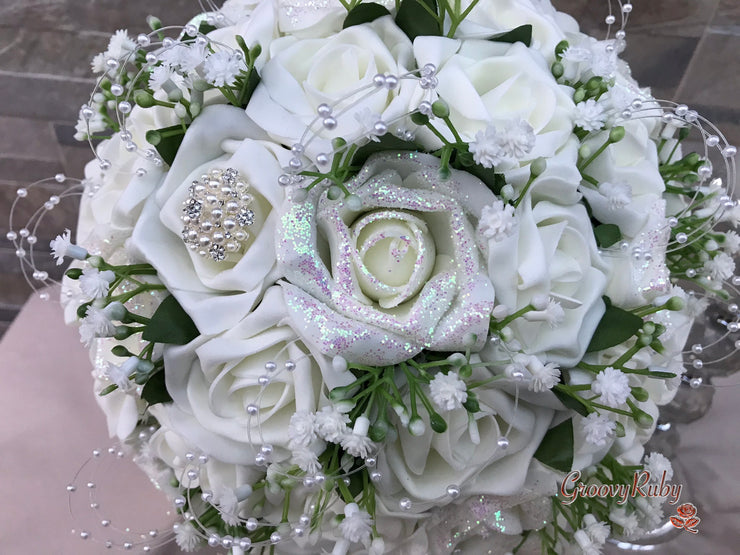 Ivory Glitter Roses With Pearls & Gypsophila