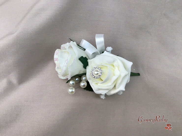 Ivory Glitter Roses With Pearls & Gypsophila