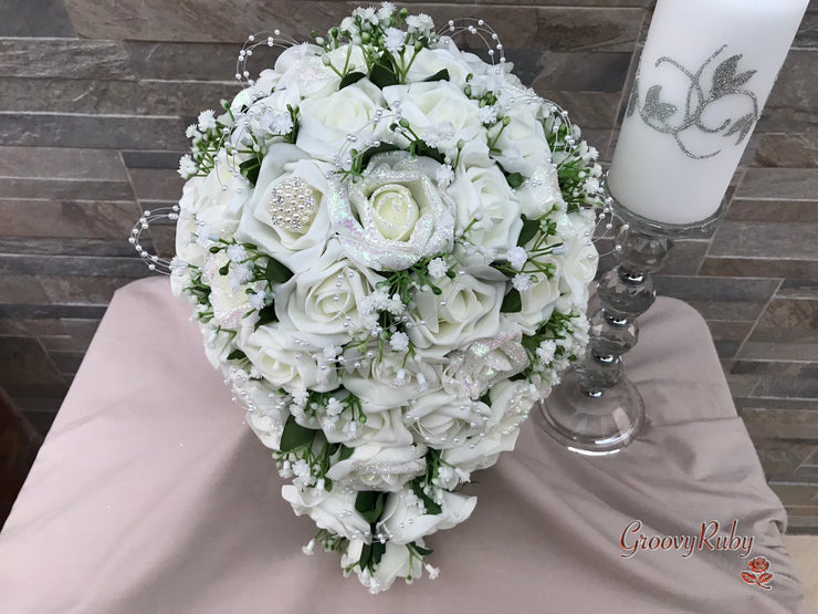 Ivory Glitter Roses With Pearls & Gypsophila