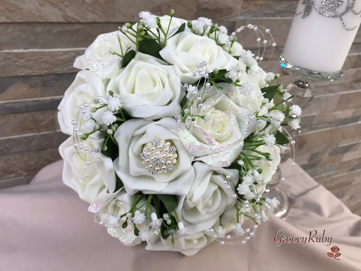 Ivory Glitter Roses With Pearls & Gypsophila