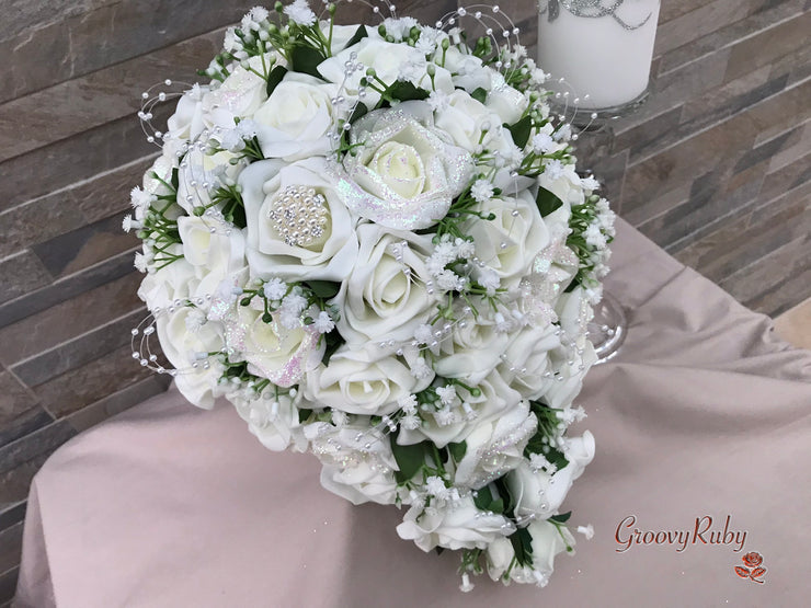 Ivory Glitter Roses With Pearls & Gypsophila