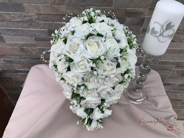 Ivory Glitter Roses With Pearls & Gypsophila