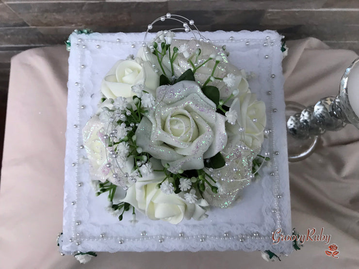 Ivory Glitter Roses With Pearls & Gypsophila