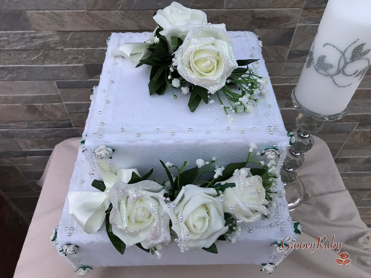 Ivory Glitter Roses With Pearls & Gypsophila