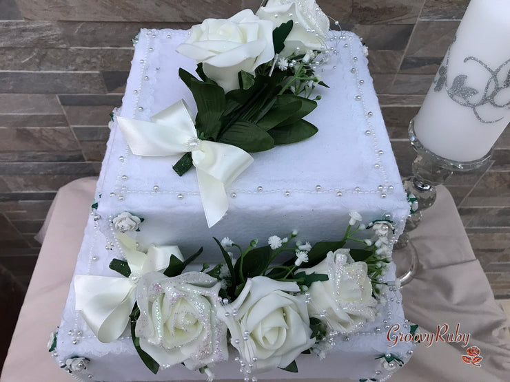 Ivory Glitter Roses With Pearls & Gypsophila