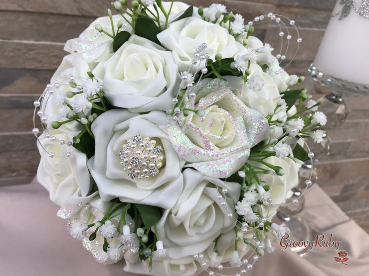 Ivory Glitter Roses With Pearls & Gypsophila
