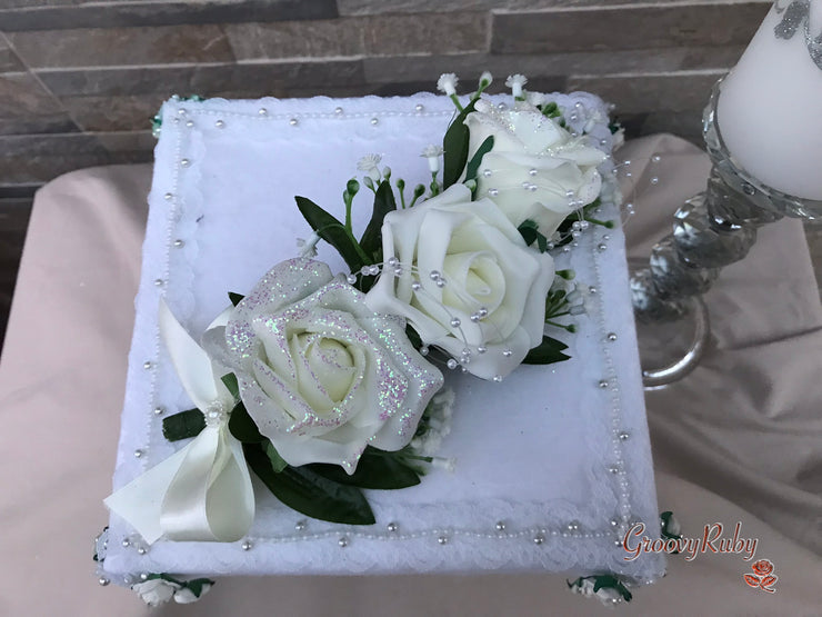 Ivory Glitter Roses With Pearls & Gypsophila
