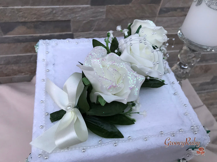 Ivory Glitter Roses With Pearls & Gypsophila
