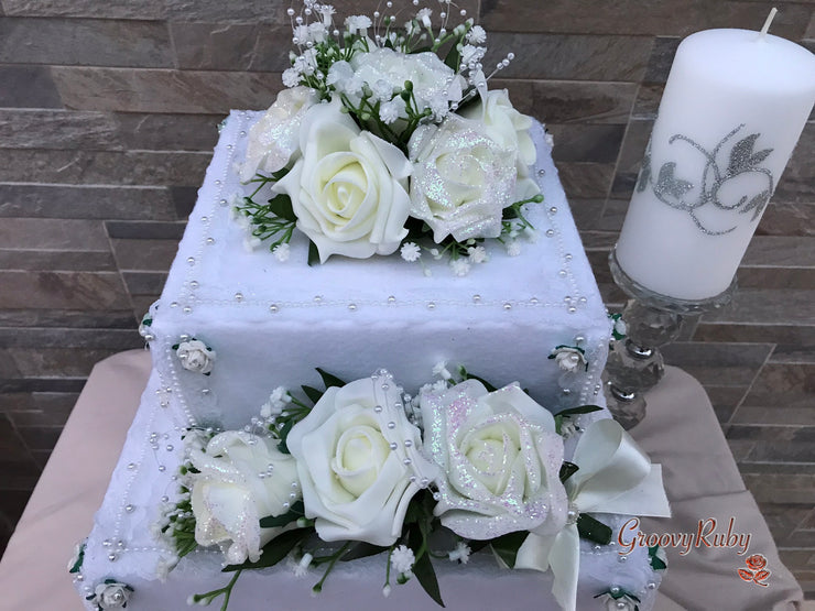 Ivory Glitter Roses With Pearls & Gypsophila