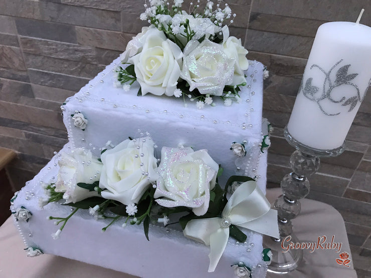 Ivory Glitter Roses With Pearls & Gypsophila