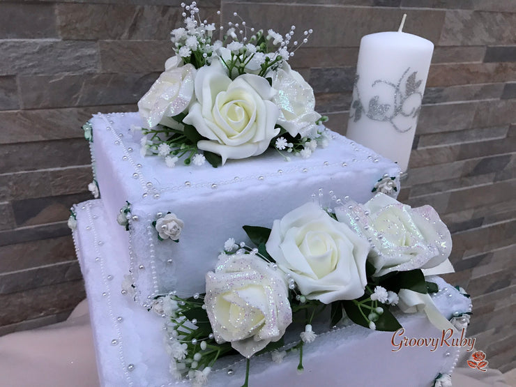 Ivory Glitter Roses With Pearls & Gypsophila