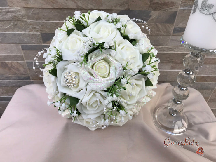 Ivory Glitter Roses With Pearls & Gypsophila