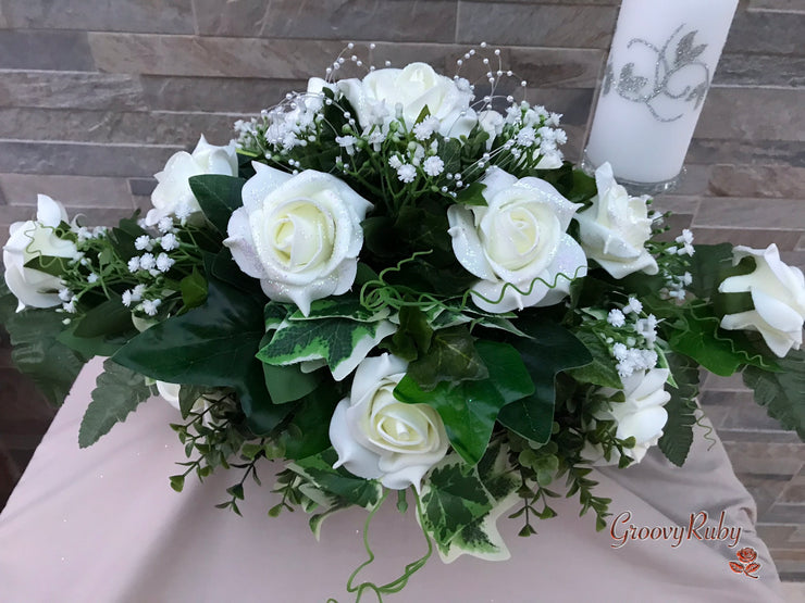 Ivory Glitter Roses With Pearls & Gypsophila