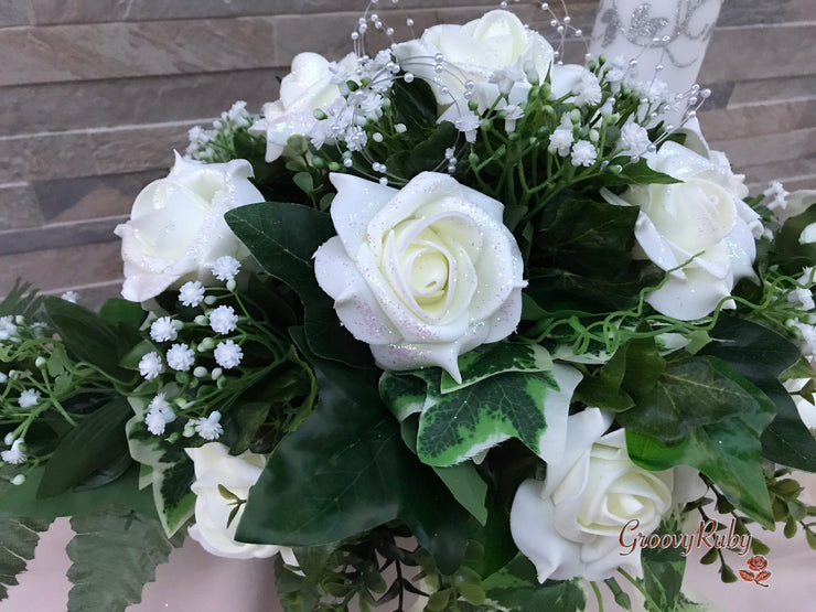 Ivory Glitter Roses With Pearls & Gypsophila