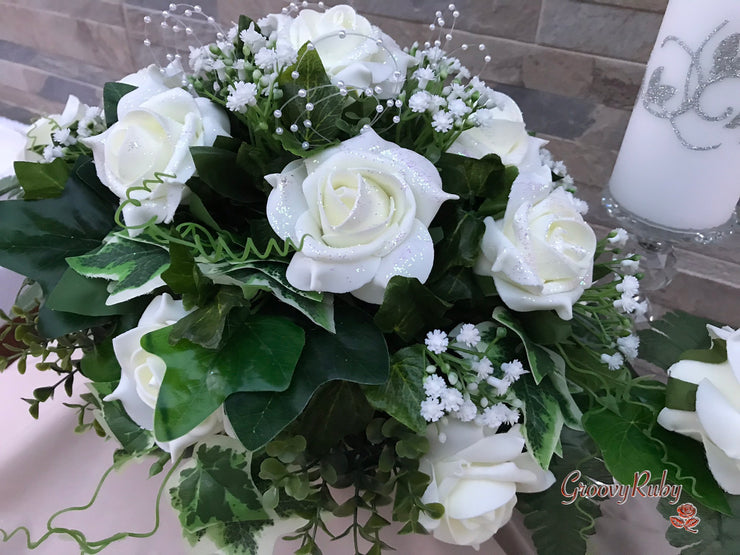 Ivory Glitter Roses With Pearls & Gypsophila