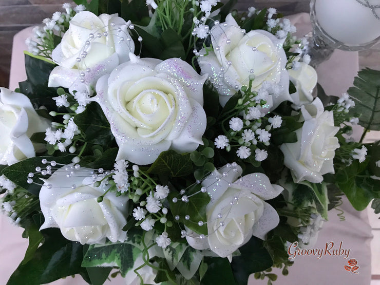 Ivory Glitter Roses With Pearls & Gypsophila
