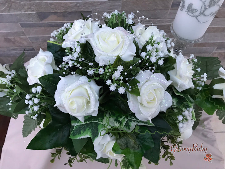 Ivory Glitter Roses With Pearls & Gypsophila