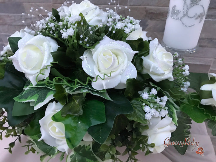 Ivory Glitter Roses With Pearls & Gypsophila